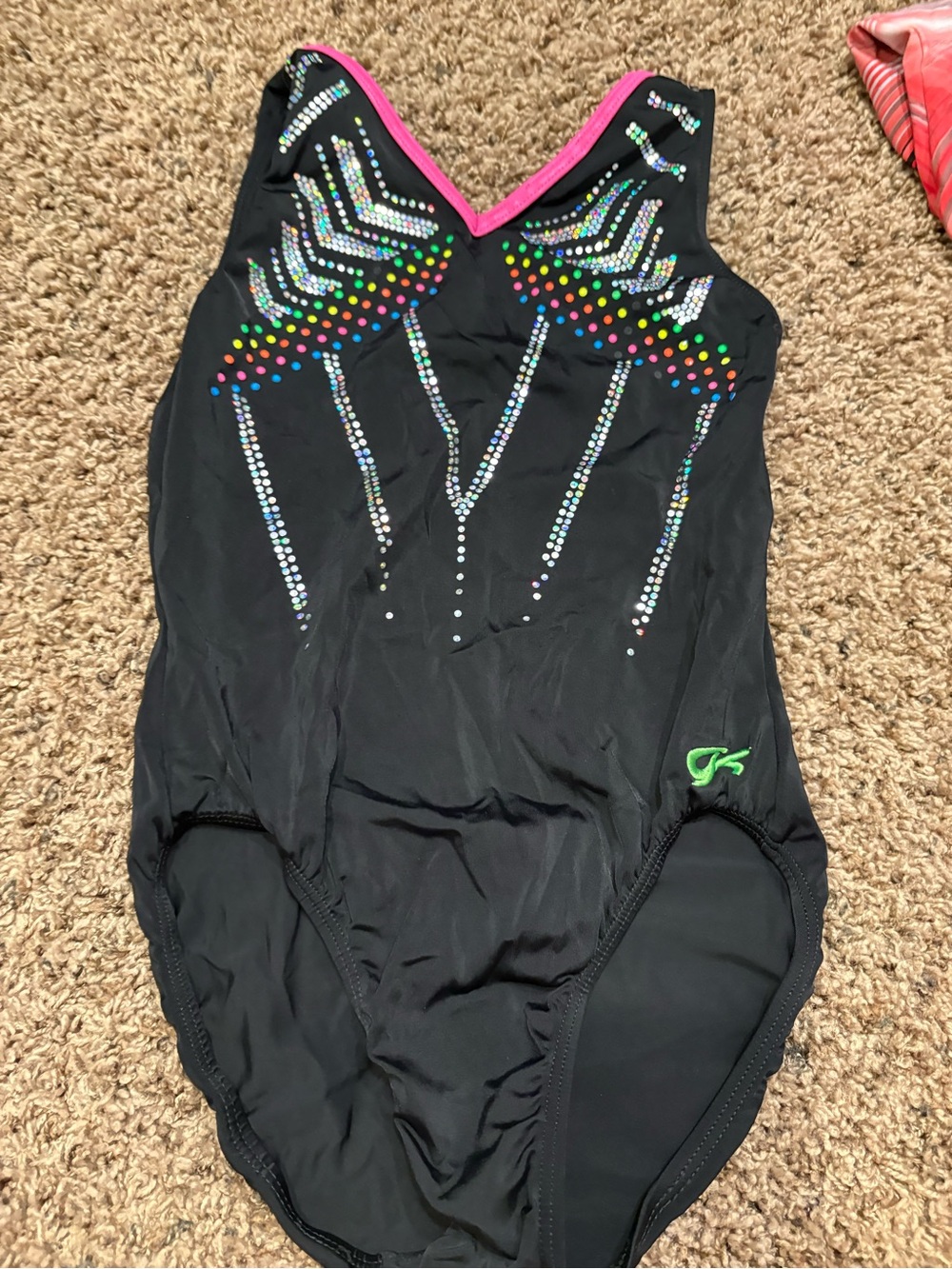 GK Black Leotard with Neon Pink Trim and Multicolor Rhinestones